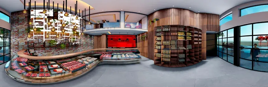 Recorrido 360° de una tienda con catálogo de productos en vitrina